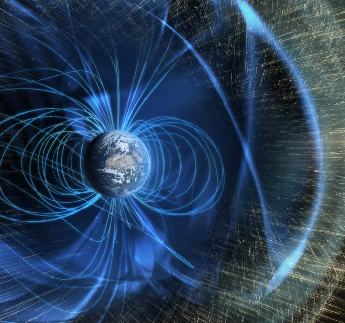 Illustration of solar wind meeting Earth's magnetosphere, with blue magnetic field lines surrounding Earth.